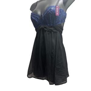 NWTAdore Me Lingerie Womens Size 34B Blue Lace Black Sheer Babydoll